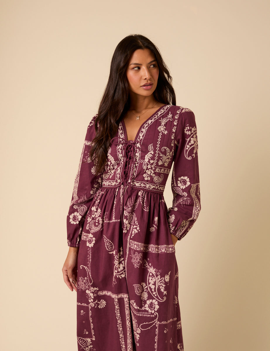 purple paisley dress Purple Paisley Embroidered Quilted Monroe Midi Dress