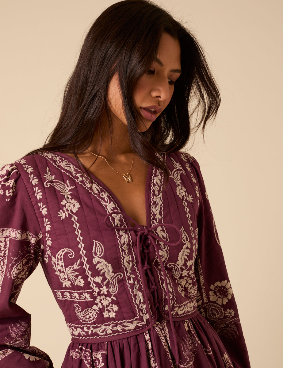 Purple Paisley Embroidered Quilted Monroe Midi Dress Purple Paisley Embroidered Quilted Monroe Midi Dress