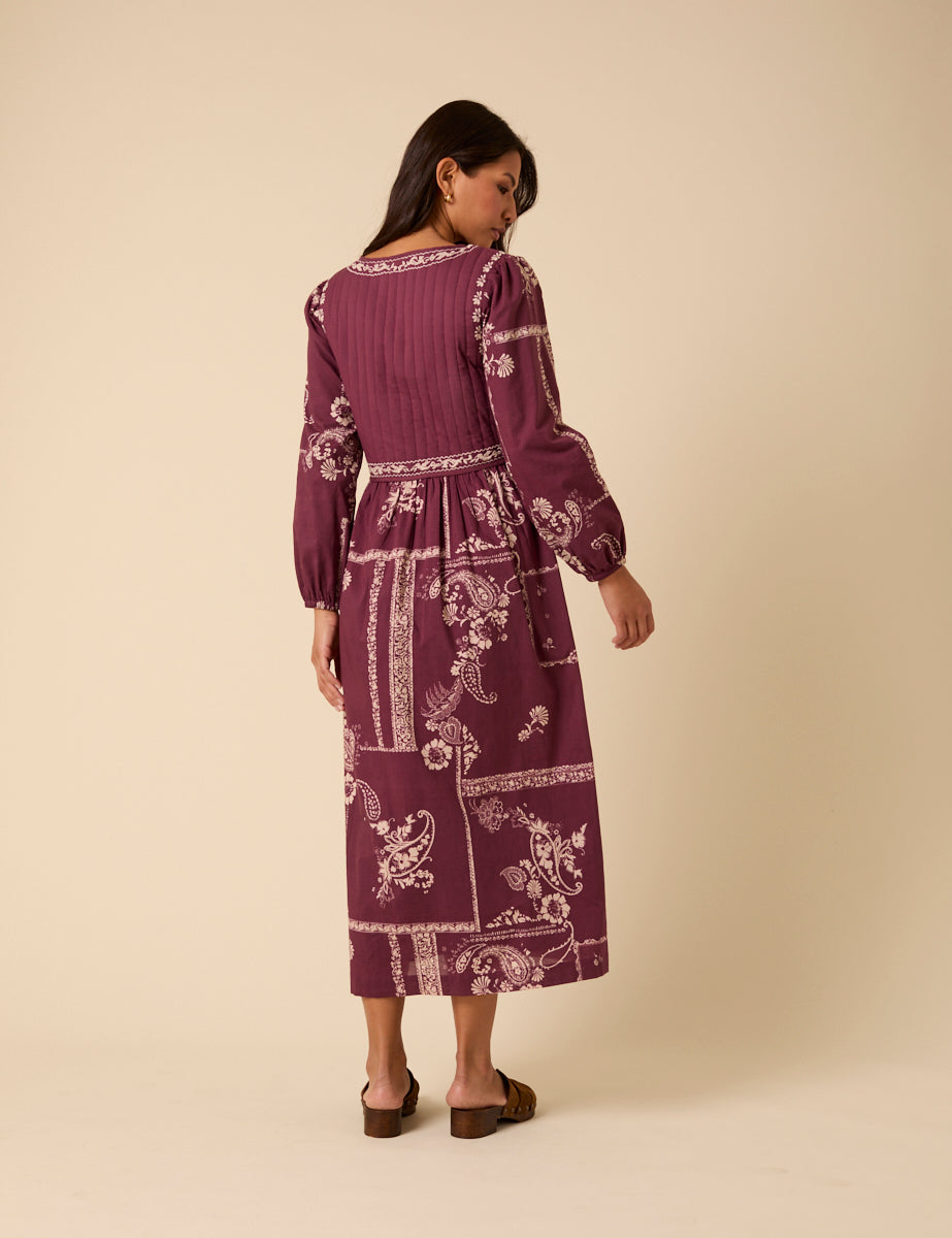 Purple Paisley Embroidered Quilted Monroe Midi Dress