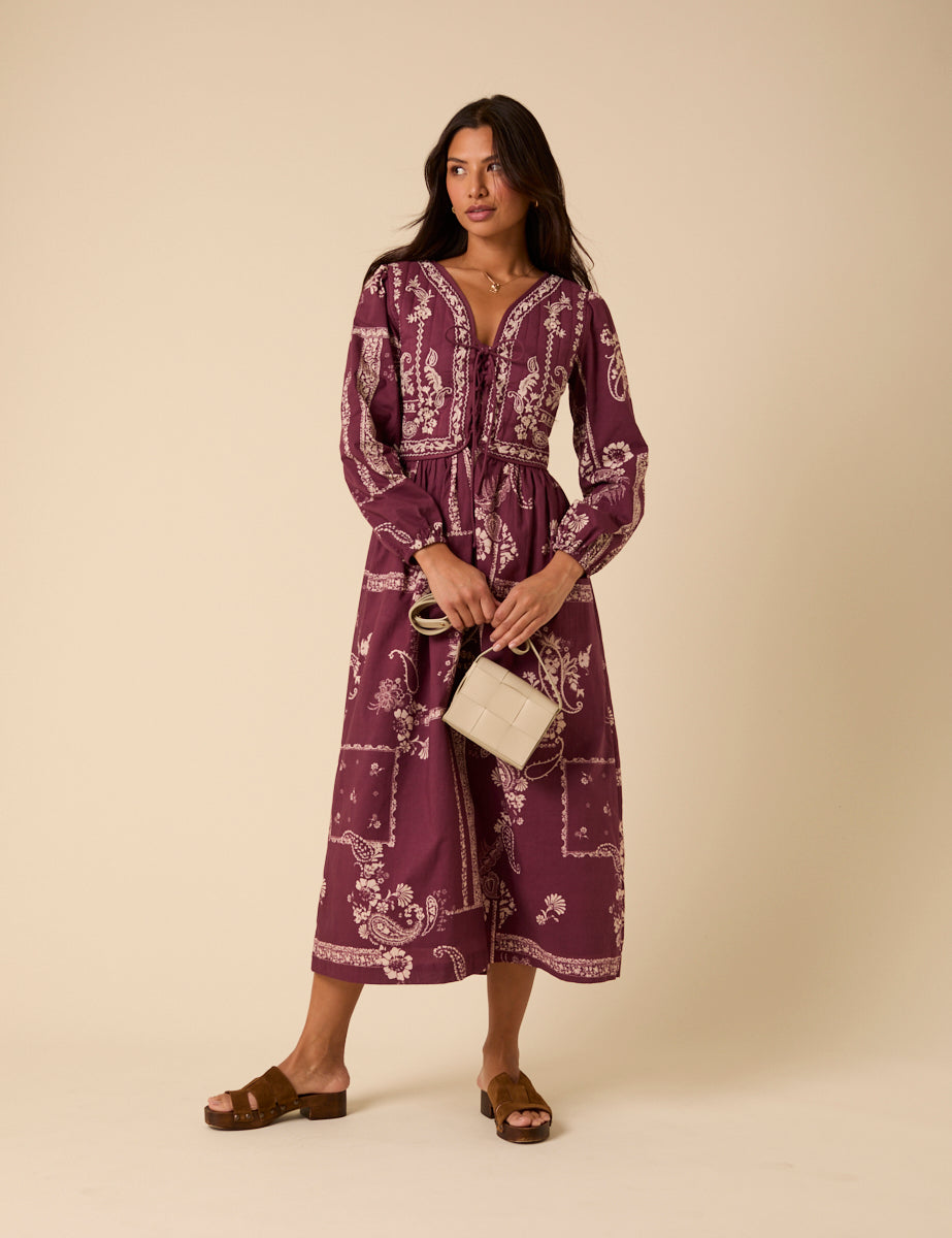 Purple Paisley Embroidered Quilted Monroe Midi Dress