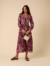 Purple Paisley Embroidered Quilted Monroe Midi Dress