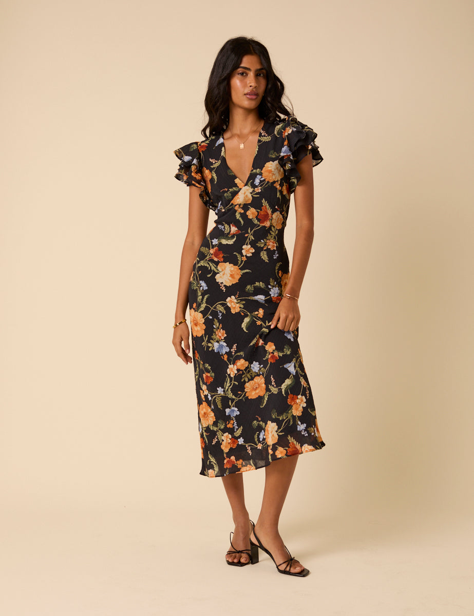 Black Floral Frill Sleeve Layla Midi Dress Black Floral Frill Sleeve Layla Midi Dress