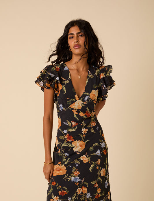 all black floral dress Satin Floral Dress - Black