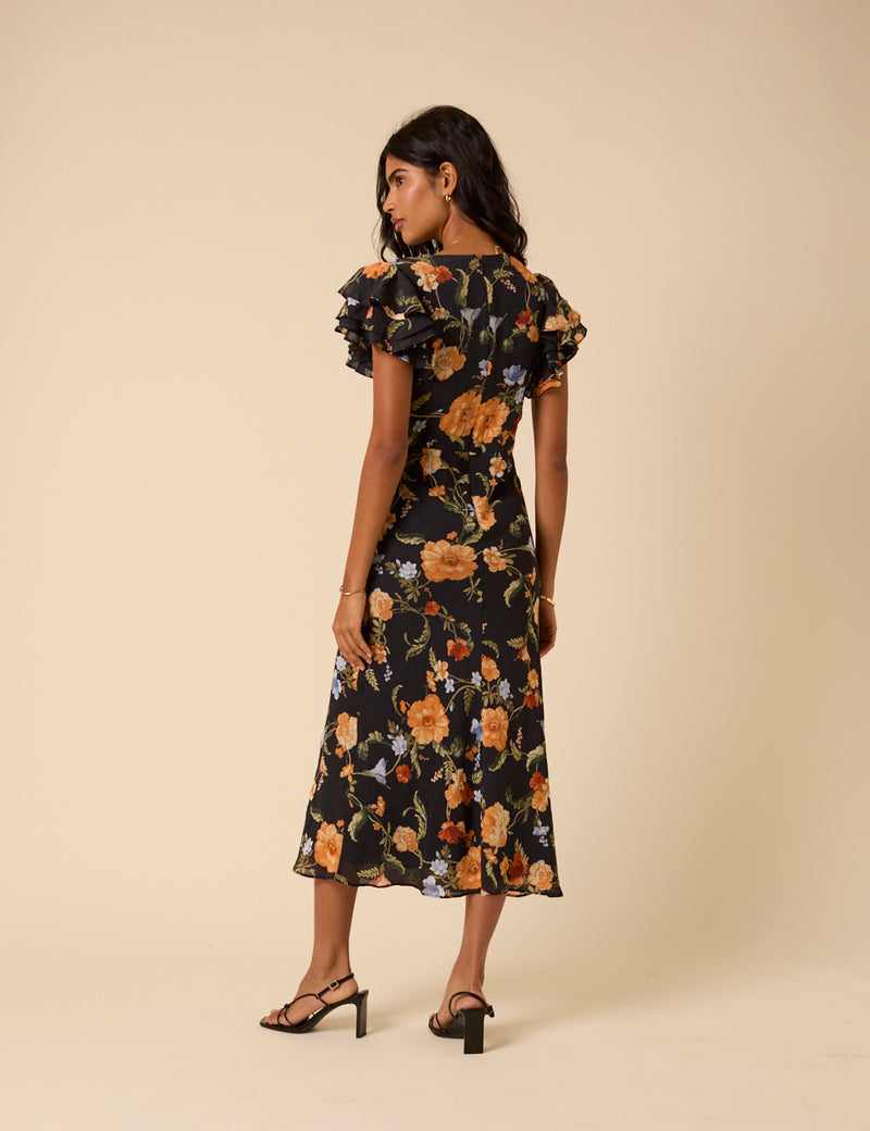 Black Floral Frill Sleeve Layla Midi Dress