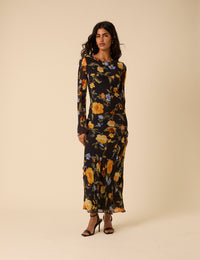 Black Floral Long Sleeve Clarissa Midi Dress