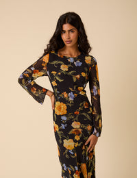 Black Floral Long Sleeve Clarissa Midi Dress