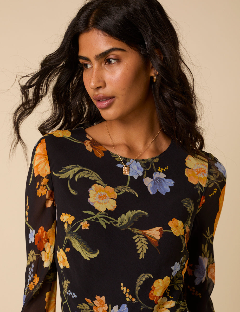 Black Floral Long Sleeve Clarissa Midi Dress