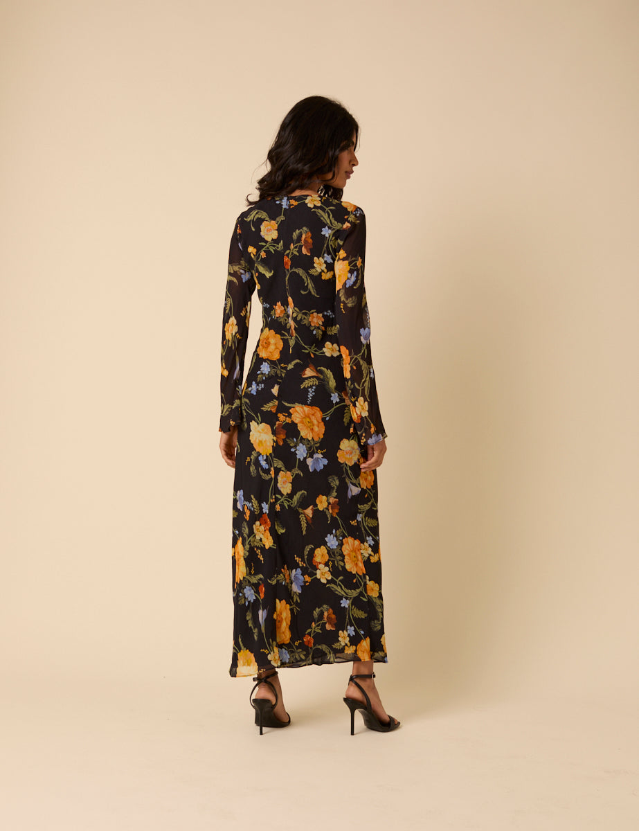 Black Floral Long Sleeve Clarissa Midi Dress