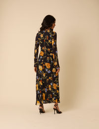 Black Floral Long Sleeve Clarissa Midi Dress