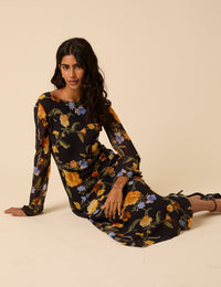 Black Floral Long Sleeve Clarissa Midi Dress