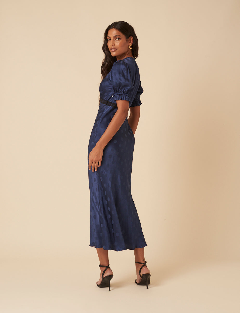 Navy Polka Dot Jacquard Angela Midi Dress Navy Polka Dot Jacquard Angela Midi Dress