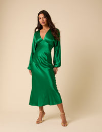 Green Satin Allura Midi Dress