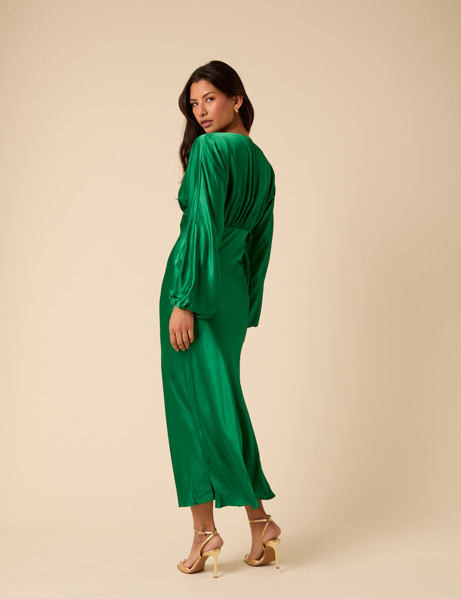 Green Satin Allura Midi Dress