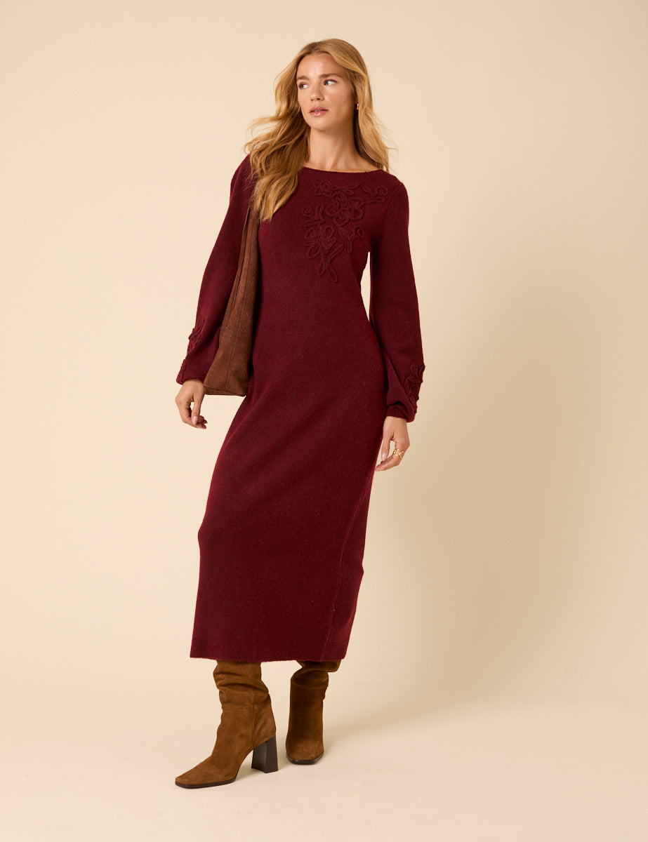 Burgundy Floral Embroidered Knitted Long Sleeve Midi Dress