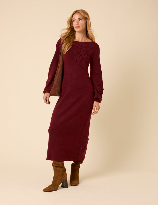Burgundy Floral Embroidered Knitted Long Sleeve Midi Dress