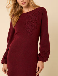 Burgundy Floral Embroidered Knitted Long Sleeve Midi Dress
