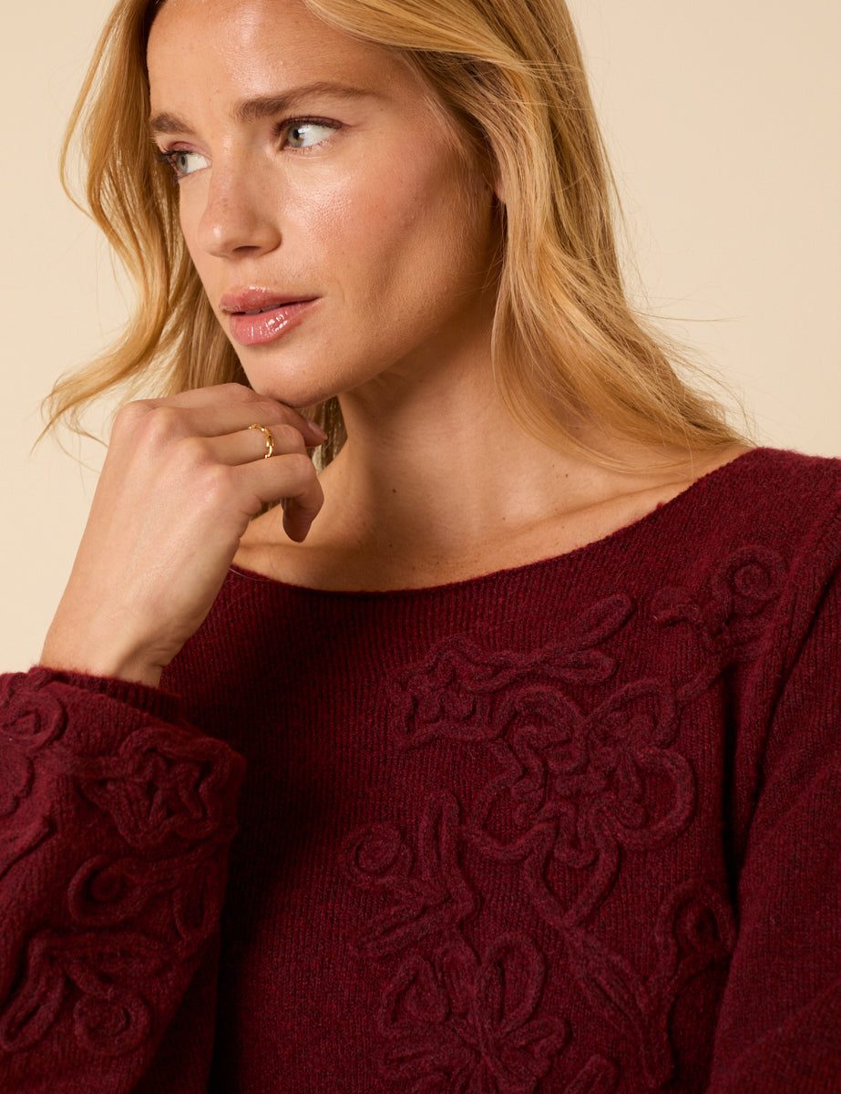 Burgundy Floral Embroidered Knitted Long Sleeve Midi Dress Burgundy Floral Embroidered Knitted Long Sleeve Midi Dress