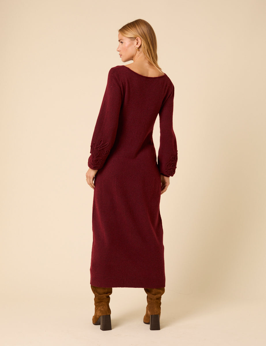 Burgundy Floral Embroidered Knitted Long Sleeve Midi Dress