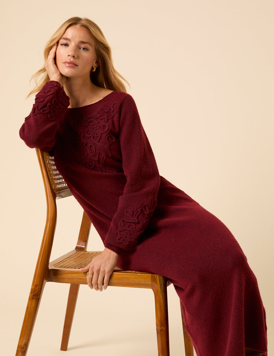 Burgundy Floral Embroidered Knitted Long Sleeve Midi Dress Burgundy Floral Embroidered Knitted Long Sleeve Midi Dress