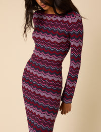 Purple Chevron Striped Long Sleeve Midi Dress