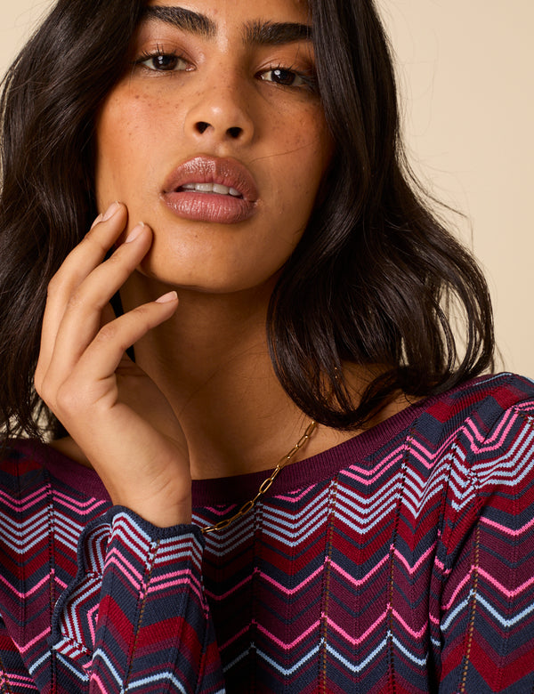 Purple Chevron Striped Long Sleeve Midi Dress