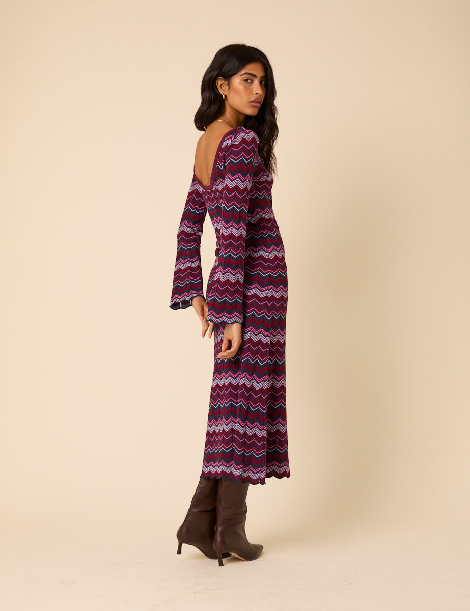 Purple Chevron Striped Long Sleeve Midi Dress