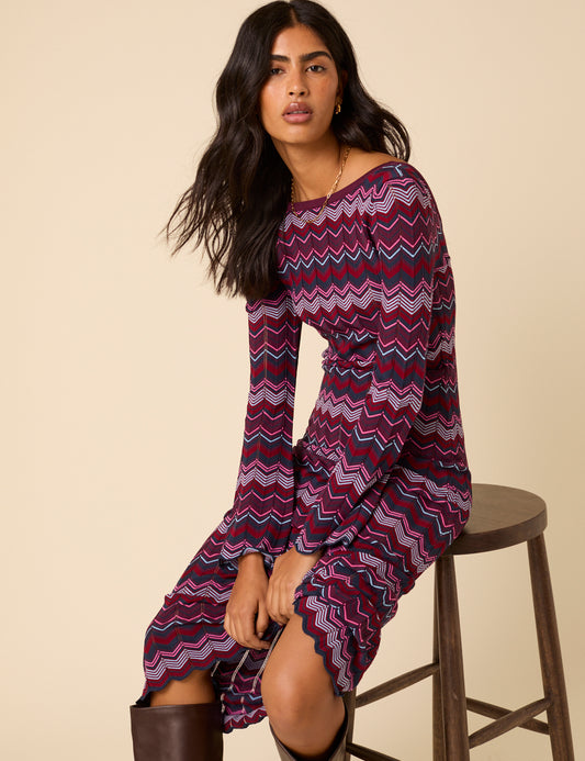 chinese dress ladies Purple Chevron Striped Long Sleeve Midi Dress