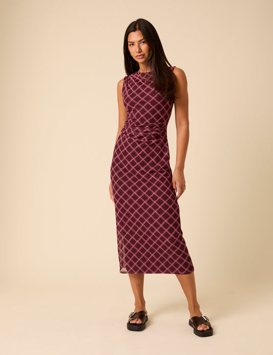 ruched mesh dress Burgundy Printed Ruched Mesh Midi Dress