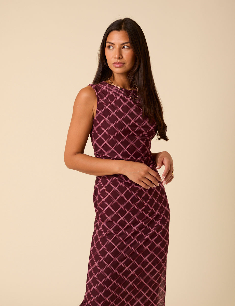 Burgundy Printed Ruched Mesh Midi Dress
