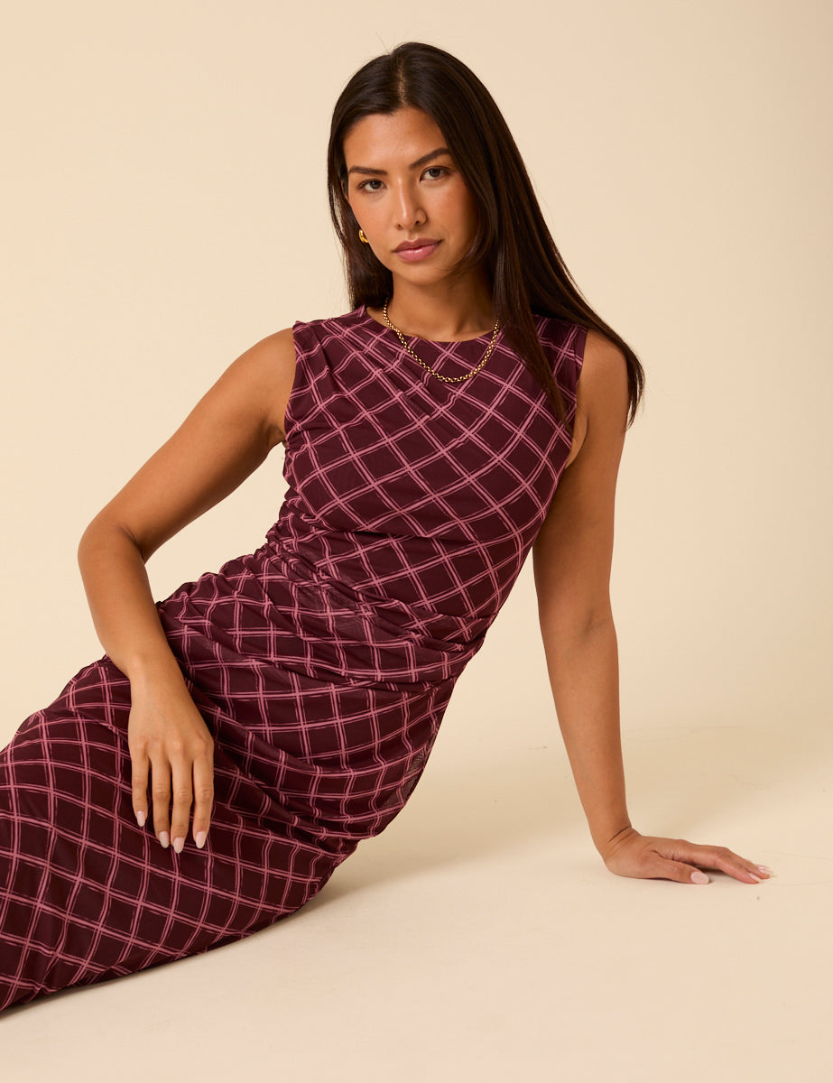 Burgundy Printed Ruched Mesh Midi Dress Burgundy Printed Ruched Mesh Midi Dress
