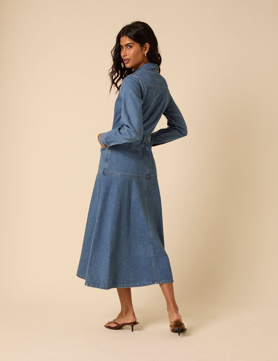 Blue Denim Midi Shirt Dress