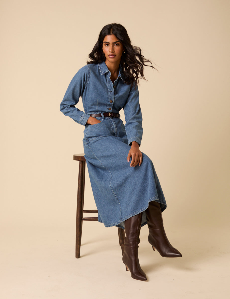 Blue Denim Midi Shirt Dress