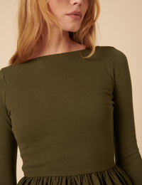 Khaki Long Sleeve A-Line Penni Mini Dress