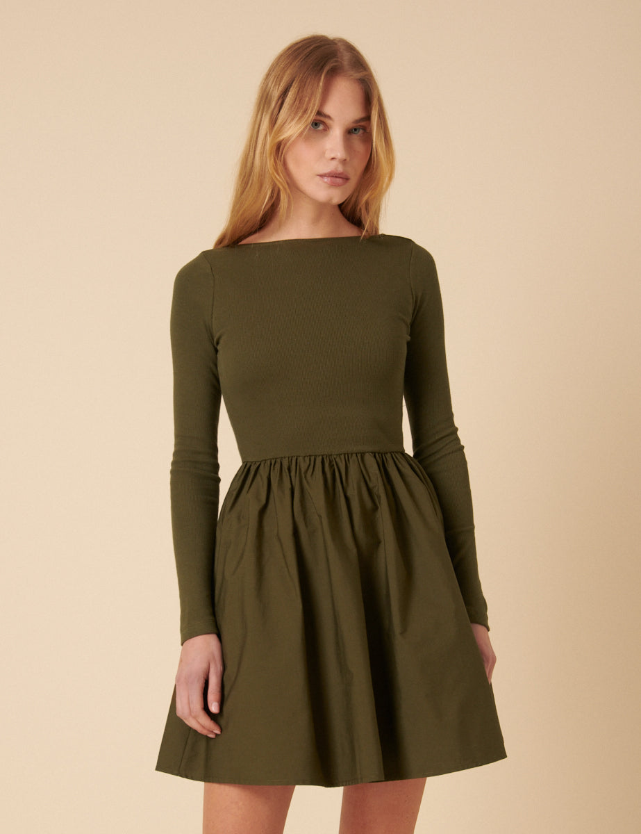 Khaki Long Sleeve A-Line Penni Mini Dress Khaki Long Sleeve A-Line Penni Mini Dress
