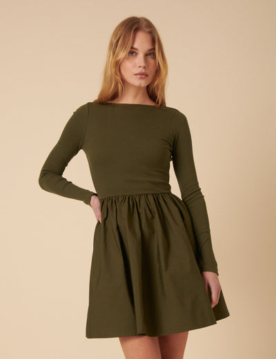 Khaki Long Sleeve A-Line Penni Mini Dress