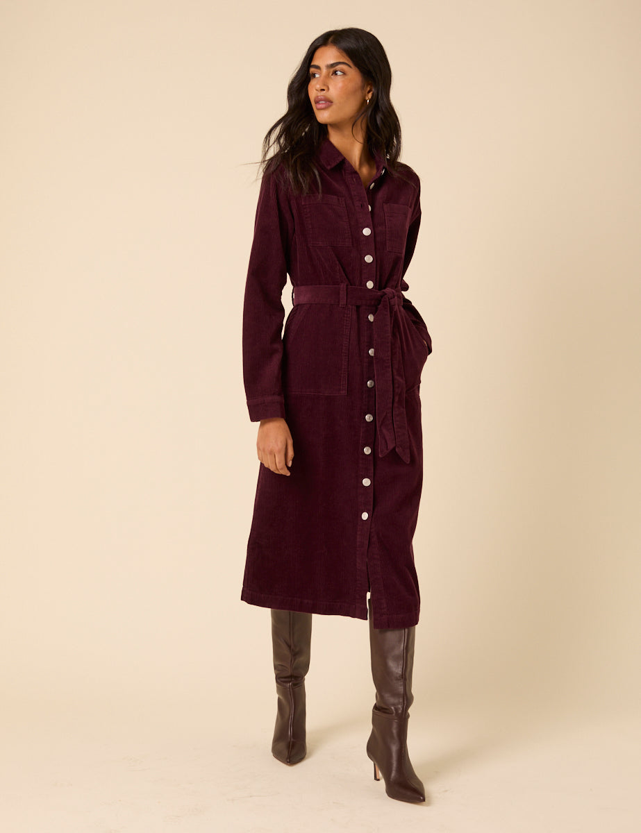 cord midi shirt dress Brown Corduroy Midi Shirt Dress with Flowy Waist Detail