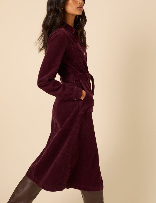 Burgundy Cord Finchley Midi Shirt Dress