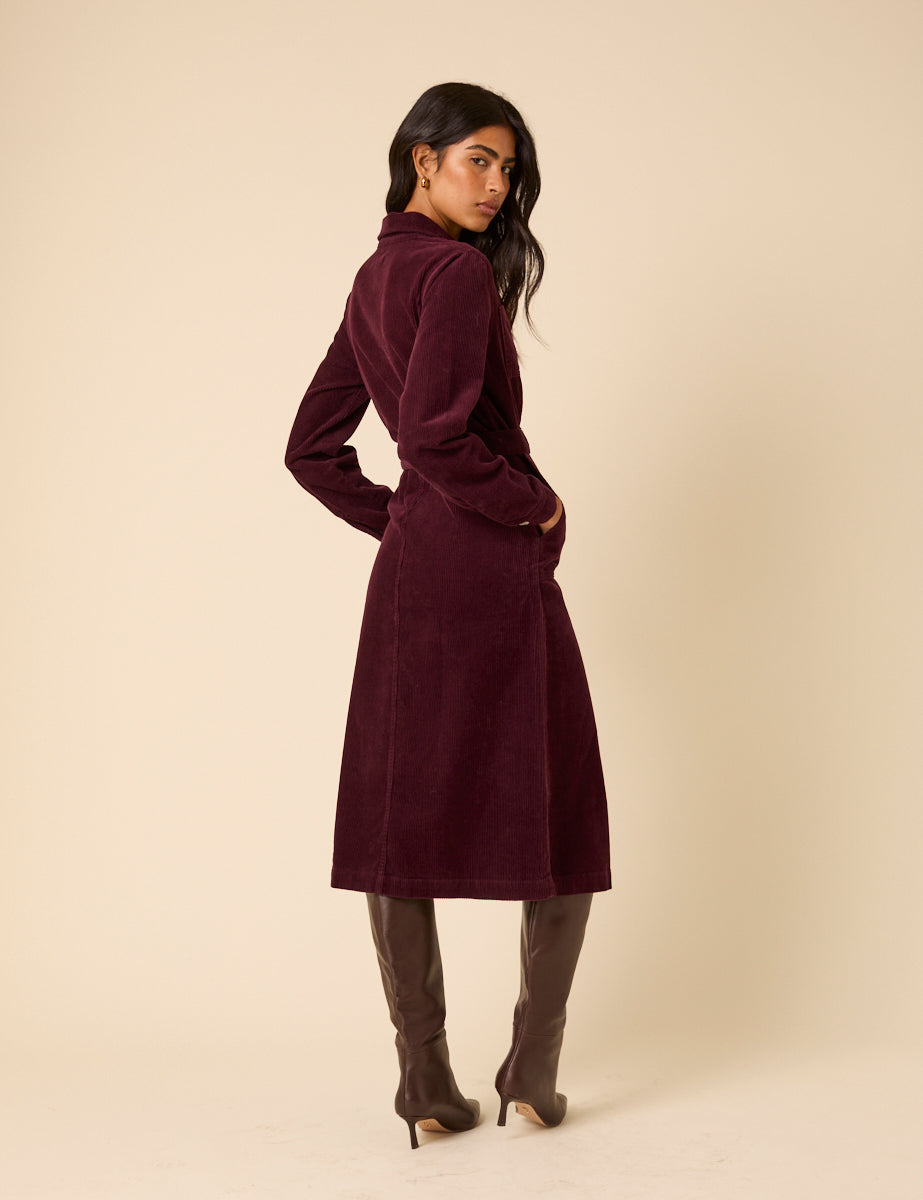 Burgundy Cord Finchley Midi Shirt Dress