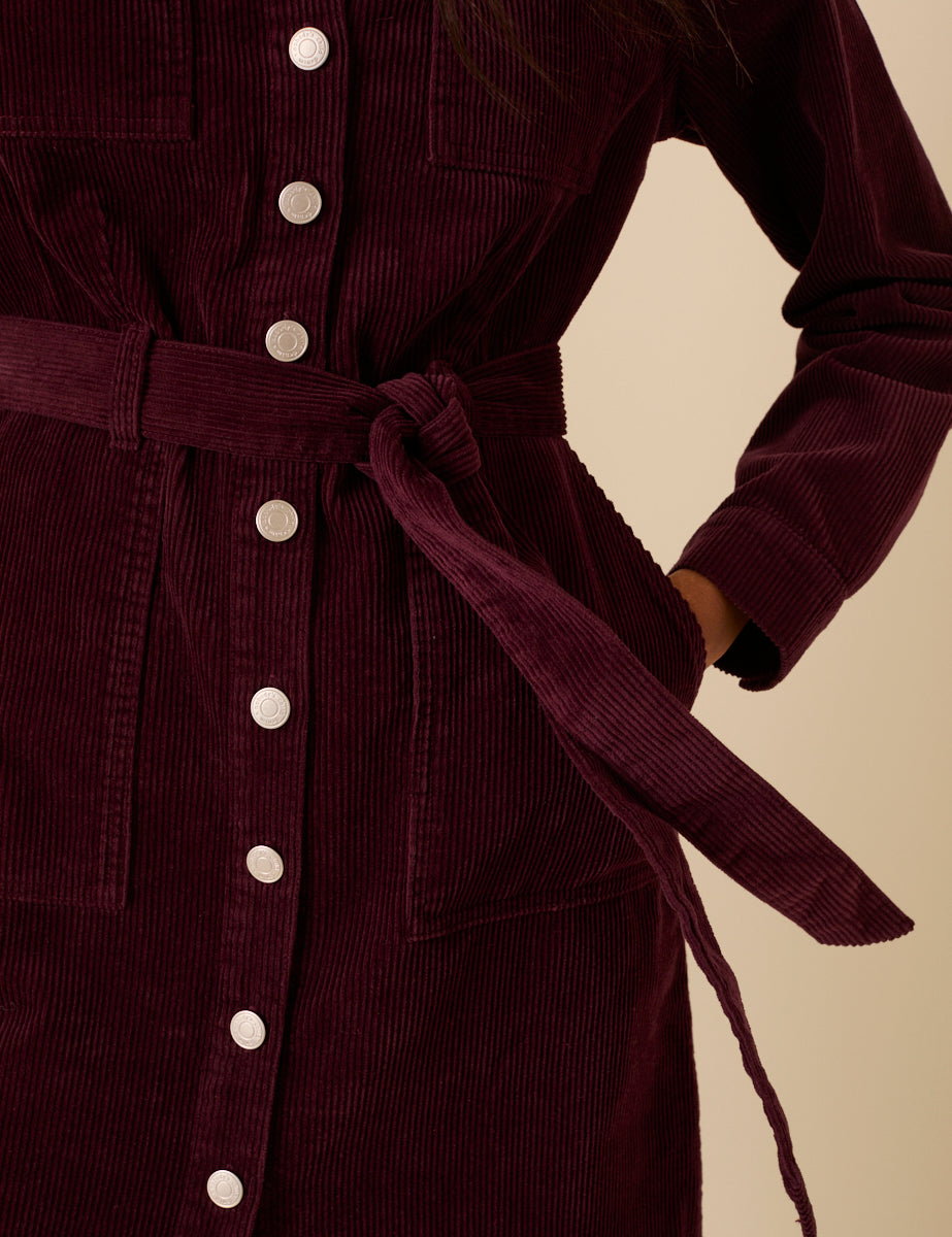 burgundy midi shirt dress Burgundy Cord Midi Shirt Dress Long Sleeve