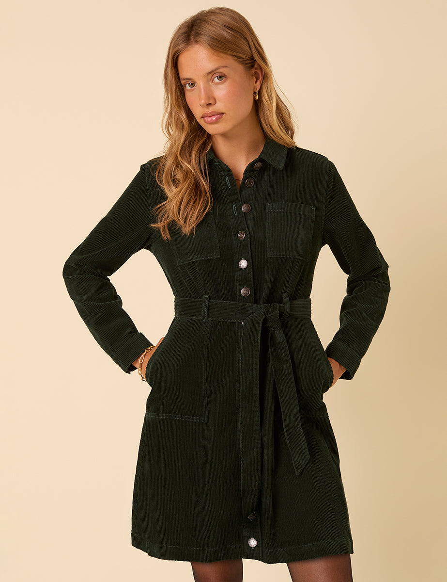 Forest Green Cord Long Sleeve Finchley Mini Dress Forest Green Cord Long Sleeve Finchley Mini Dress