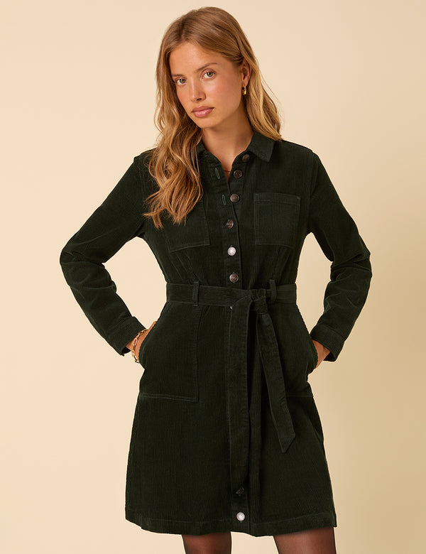 Forest Green Cord Long Sleeve Finchley Mini Dress
