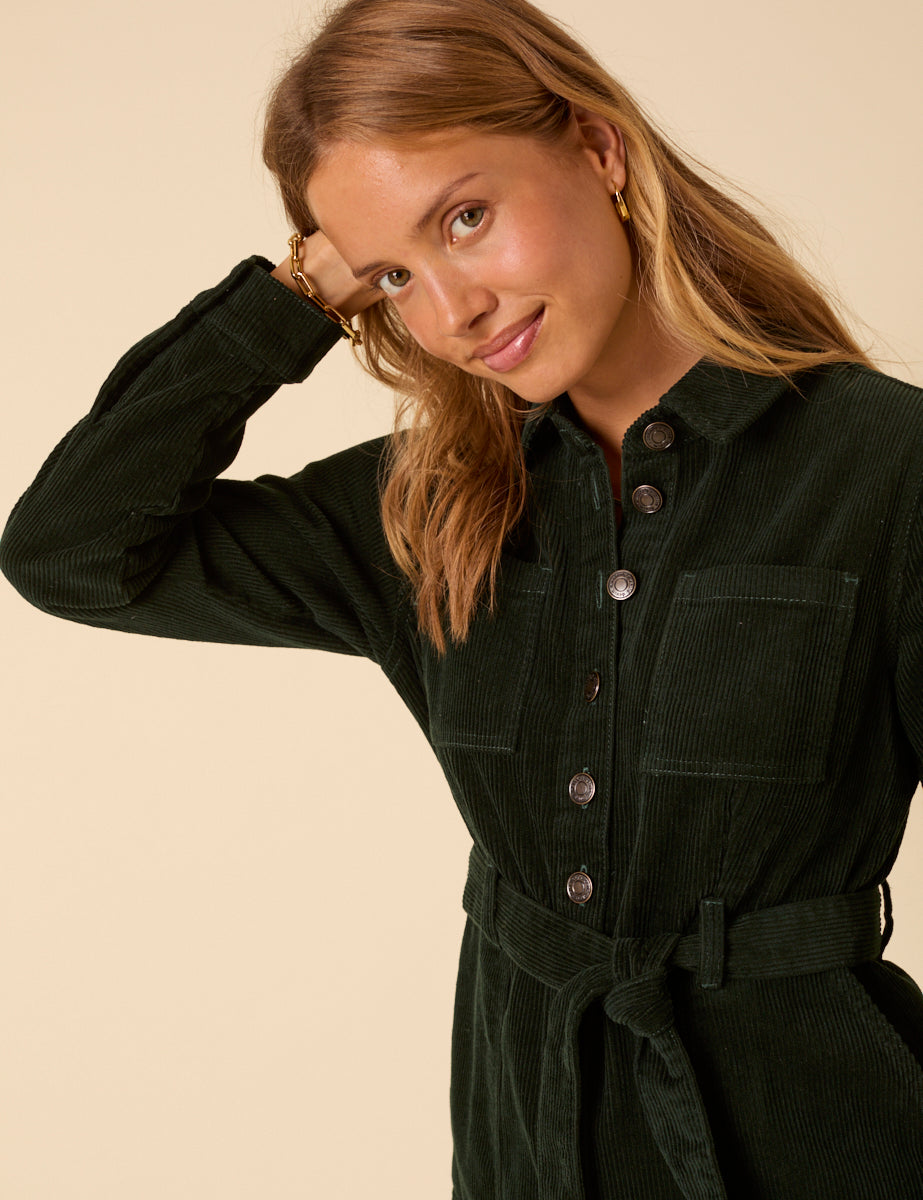 Forest Green Cord Long Sleeve Finchley Mini Dress Forest Green Cord Long Sleeve Finchley Mini Dress