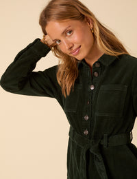 Forest Green Cord Long Sleeve Finchley Mini Dress