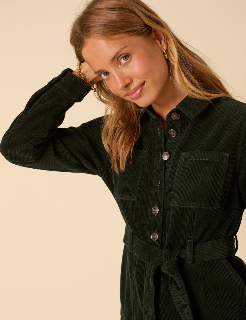 Forest Green Cord Long Sleeve Finchley Mini Dress