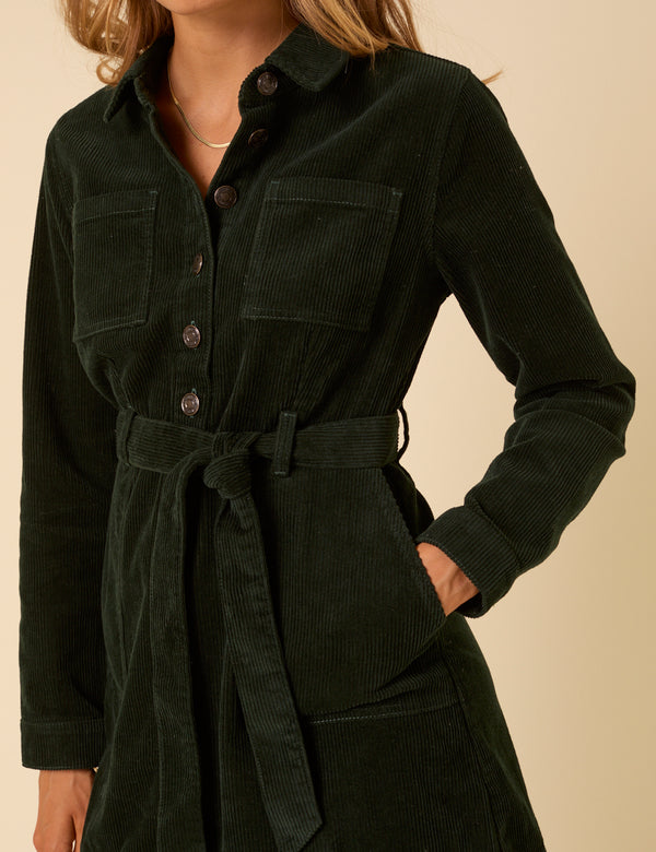 Forest Green Cord Long Sleeve Finchley Mini Dress