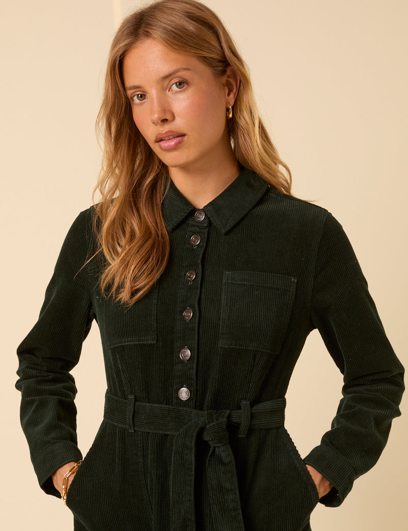 Forest Green Cord Long Sleeve Finchley Mini Dress