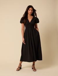 Black Puff Sleeve Abigail Midi Dress