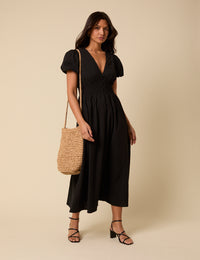 Black Puff Sleeve Abigail Midi Dress