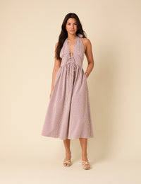 Burgundy Pinstripe Lilijana Halter Neck Midi Dress