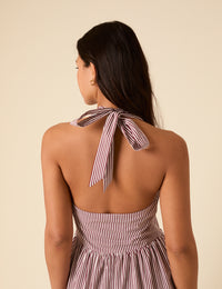 Burgundy Pinstripe Lilijana Halter Neck Midi Dress